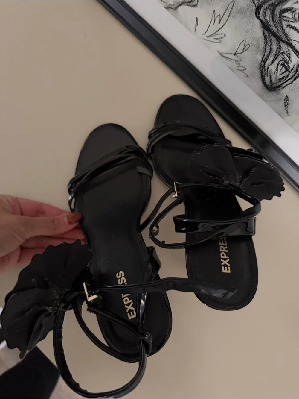 Express Women’s Black Patent Floral Ankle-Strap Sandals